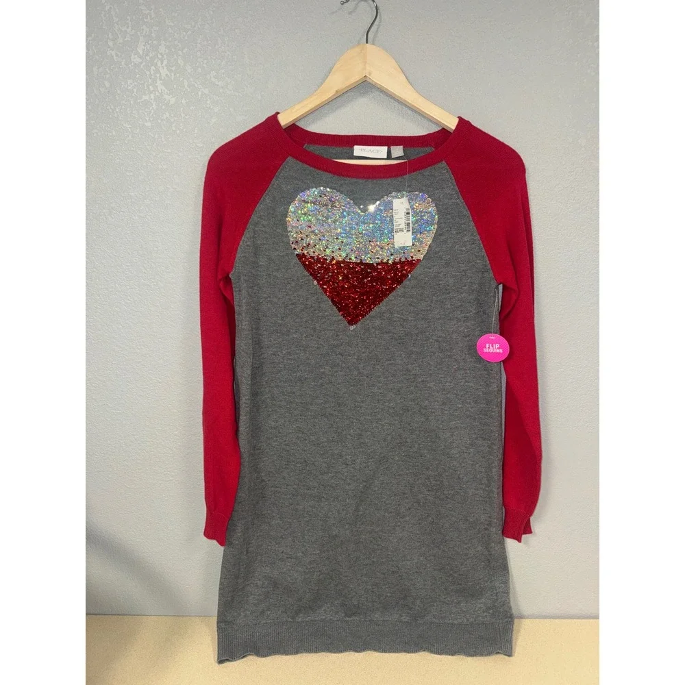 The Childrens Place Girls Red Gray Heart Sequin‎ Sweater Dress Tunic XXL 16 NWT